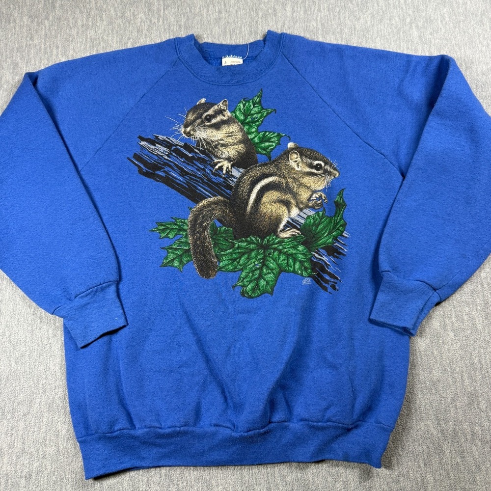 Fruit of the Loom Sweatshirt Men's L Blue Vintage 90s USA Chipmunk Nature Fleece